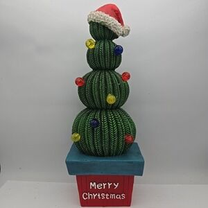 Light Up Christmas Tree Cactus With Santa Hat MERRY CHRISTMAS 14" Resin